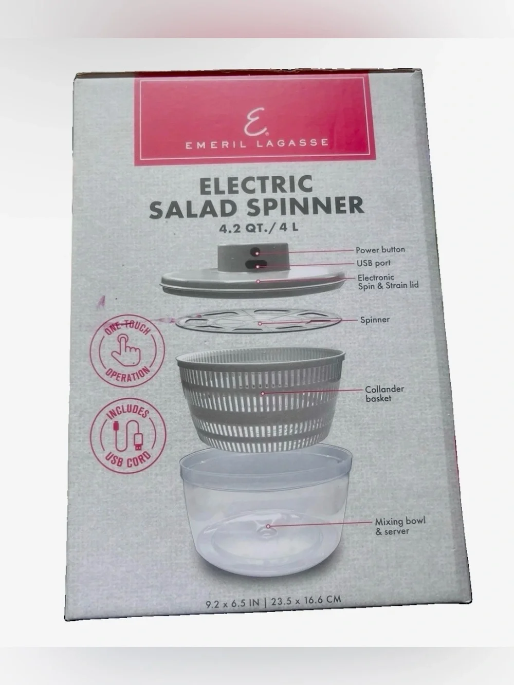 Emeril Lagasse Electric Salad Spinner 4.2 Qt USB Rechargeable One Touch New